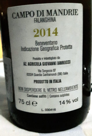 Falanghina Campo di Mandrie 2014 etichetta retro