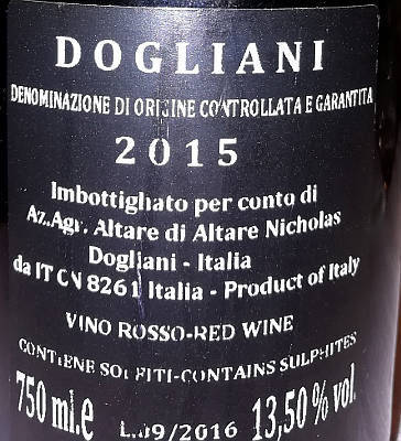 Dogliani 2015 Nicholas Altare etichetta retro