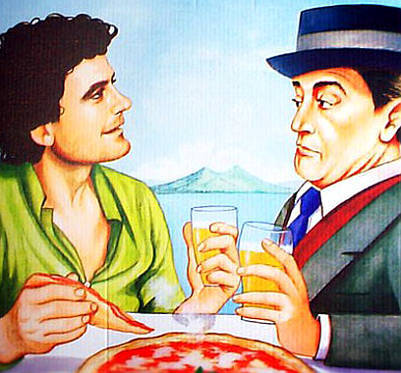 trash pittorico da pizzeria massimo troisi e totò con birra e vesuvio