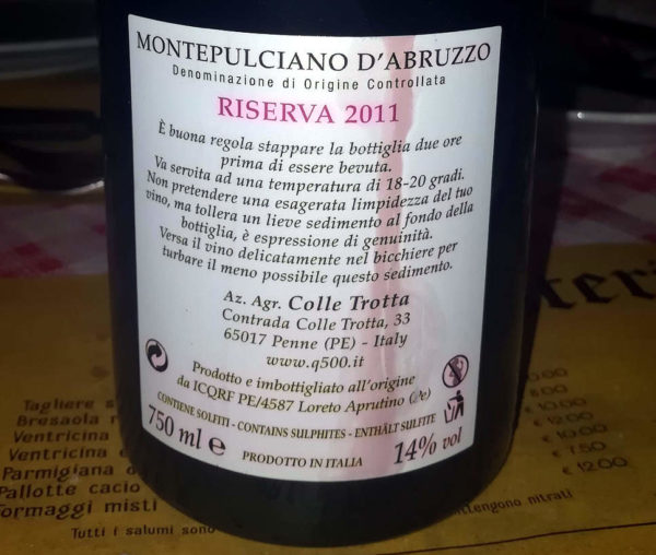 Q500 Montepulciano DOC riserva 2011 etichetta retro