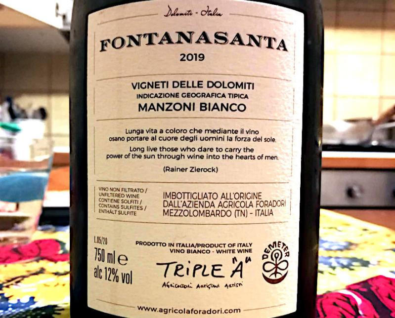 Fontana santa manzoni bianco 2019 foradori incrocio manzoni etichetta retro