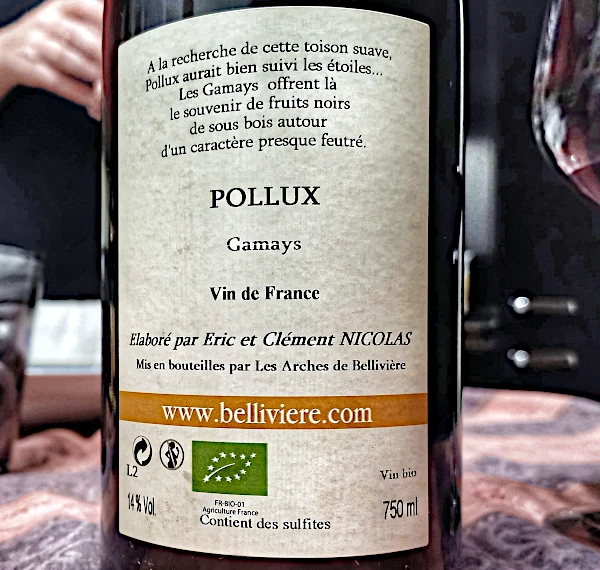 Pollux Domaine de Bellivière particolare della etichetta retro