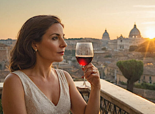 Rosato le Coste signora che degusta vino rosato in balcone romano