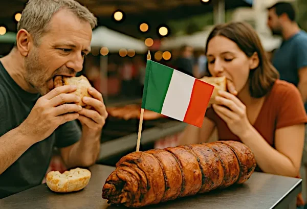 Porchetta intera esposta a una sagra italiana con bandiera tricolore