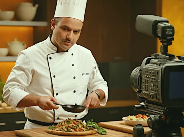 Chef televisivo che si rivolge al pubblico tramite videocamera – ristorazione o intrattenimento?