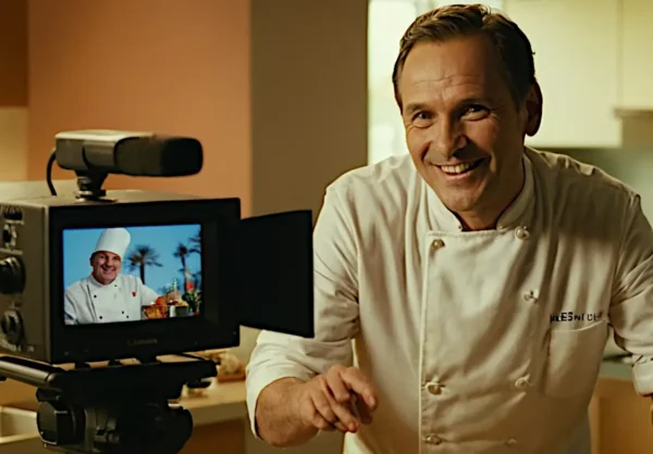 Chef stellato che impiatta un piatto elaborato mentre è ripreso da una telecamera – estetica del cibo e messa in scena