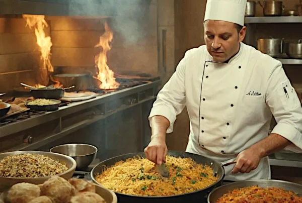 Chef professionista alle prese con grandi quantità di cibo tra fiamme e pentole – cucina di massa o show?
