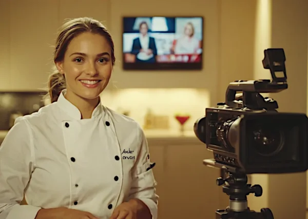 Giovane chef sorridente davanti a una telecamera in cucina televisiva il volto patinato della gastronomia-spettacolo