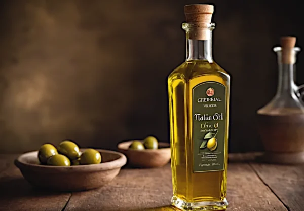 Bottiglia di olio elegante accanto a ciotole di olive, immagine pubblicitaria