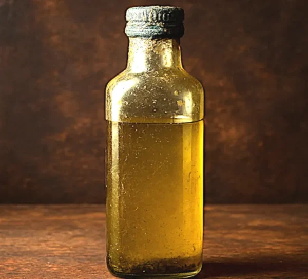 Bottiglietta d’olio maltrattato con tappo incrostato su fondo scuro