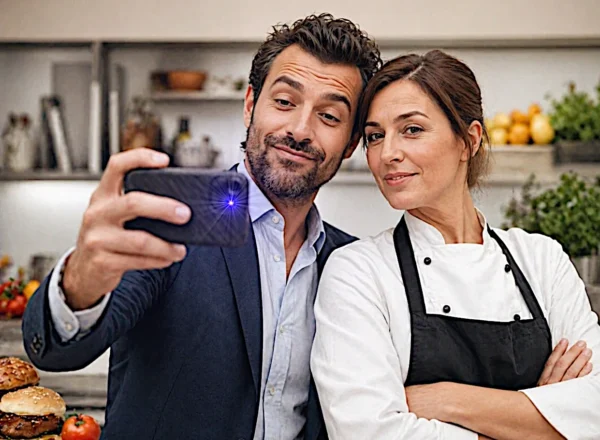 finto insider food che si fotografa con una chef per i social