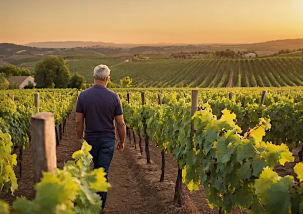 Consumatore che si allontana tra i filari di un vigneto