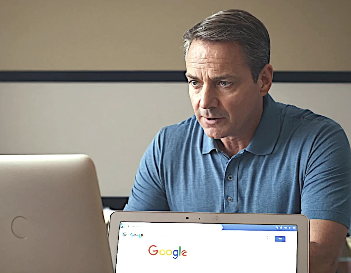 Uomo esasperato davanti al computer mentre cerca recensioni di vini su Google