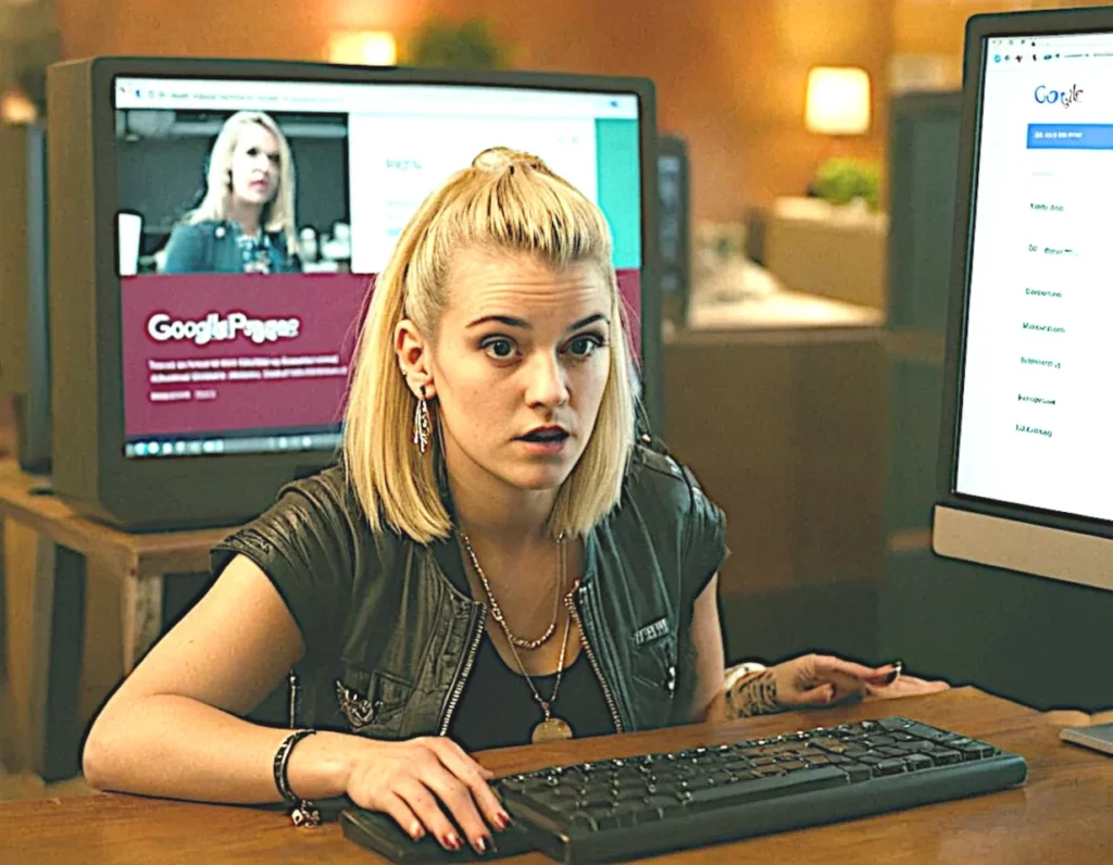 Donna dall'espressione incredula davanti al computer mentre consulta pagine web