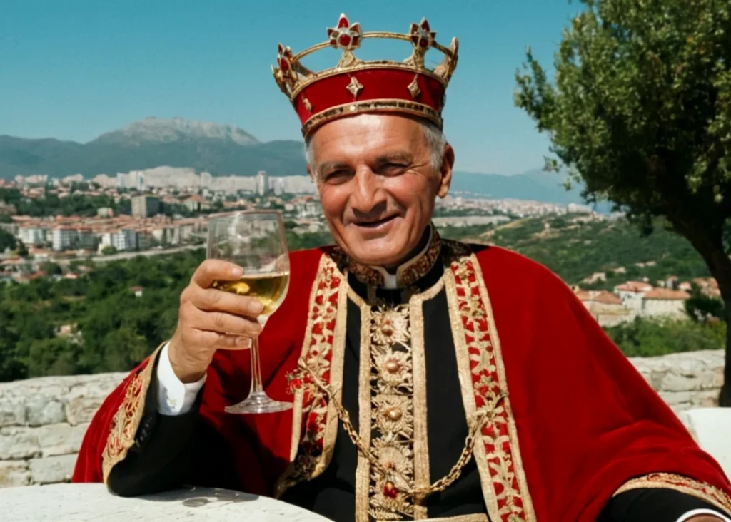 Uomo incoronato con abiti regali e calice di vino bianco, rappresentazione ironica del vignaiolo intoccabile